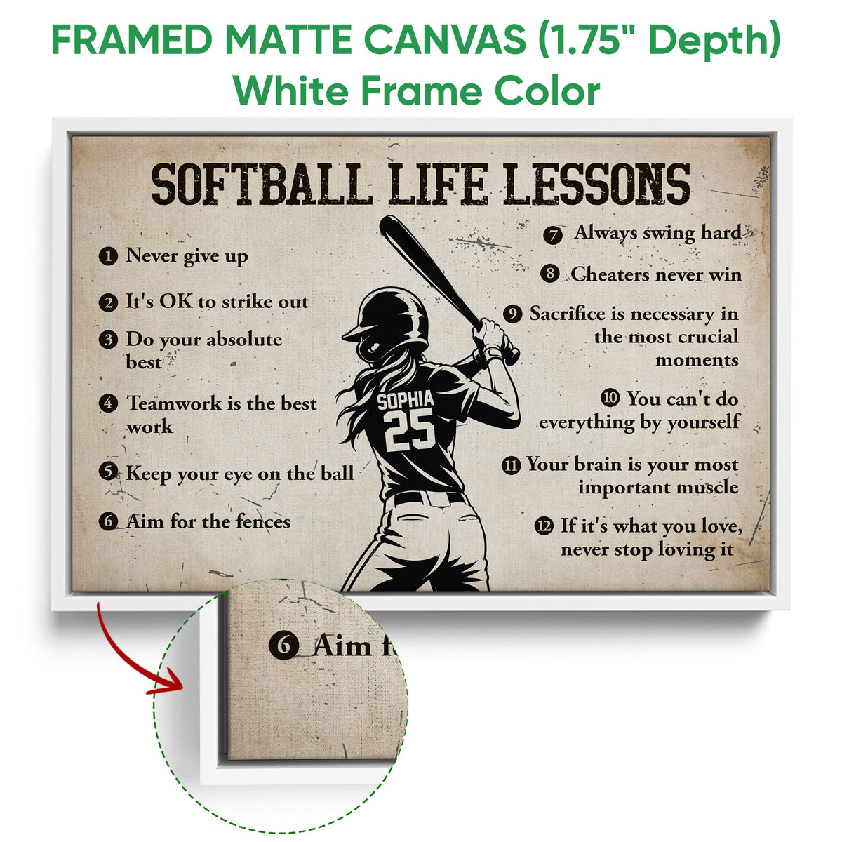 White framed canvas softball wall art with a batter and inspirational softball sayings