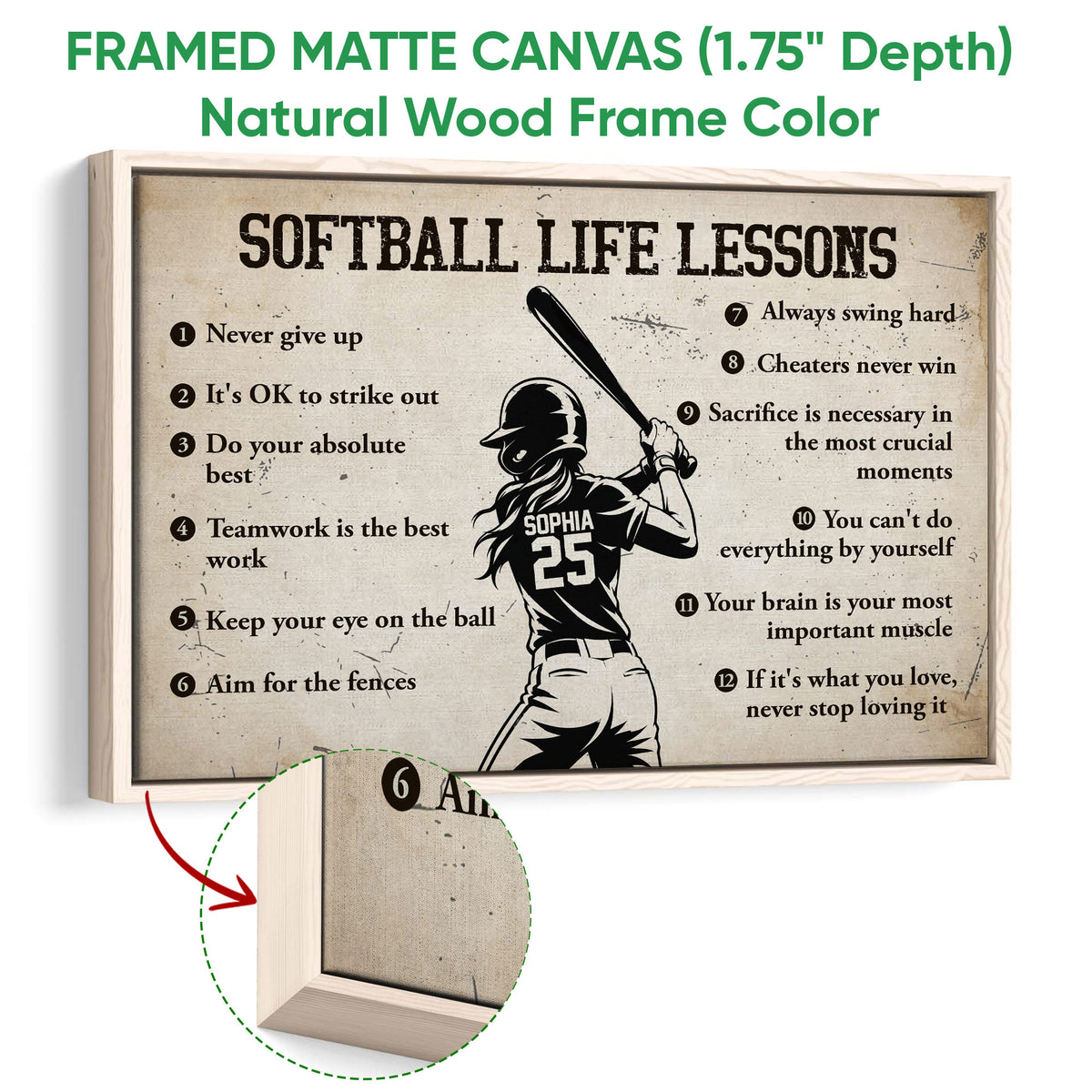 Natural wood framed softball wall art featuring a vintage batter and motivational lessons