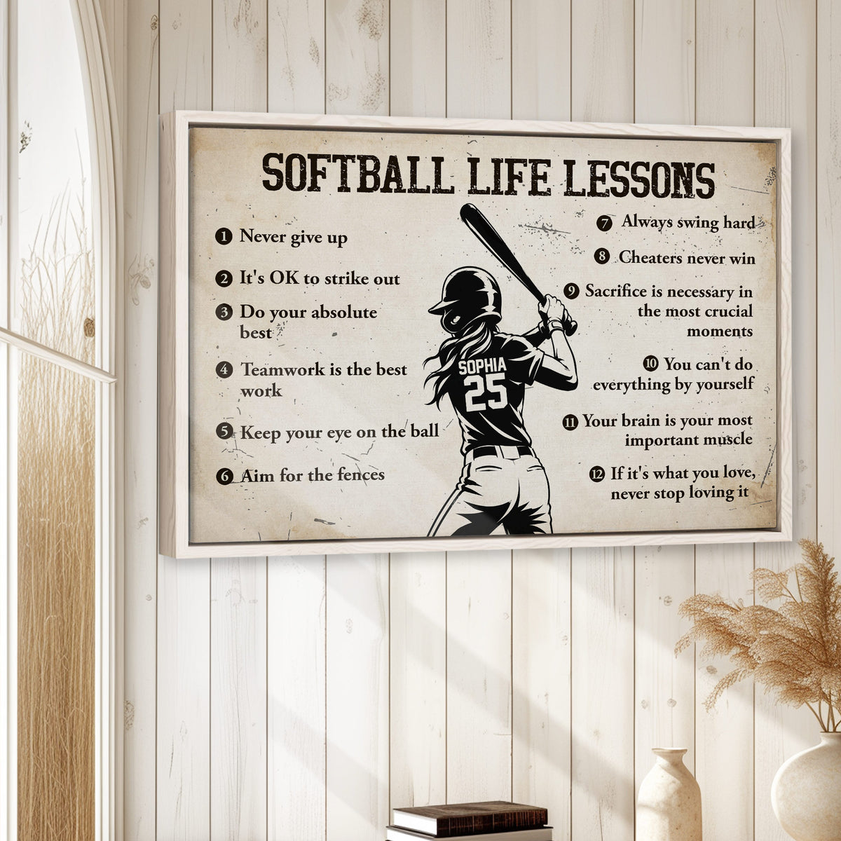 Framed softball wall art displayed on a light wood-paneled wall in a home interior