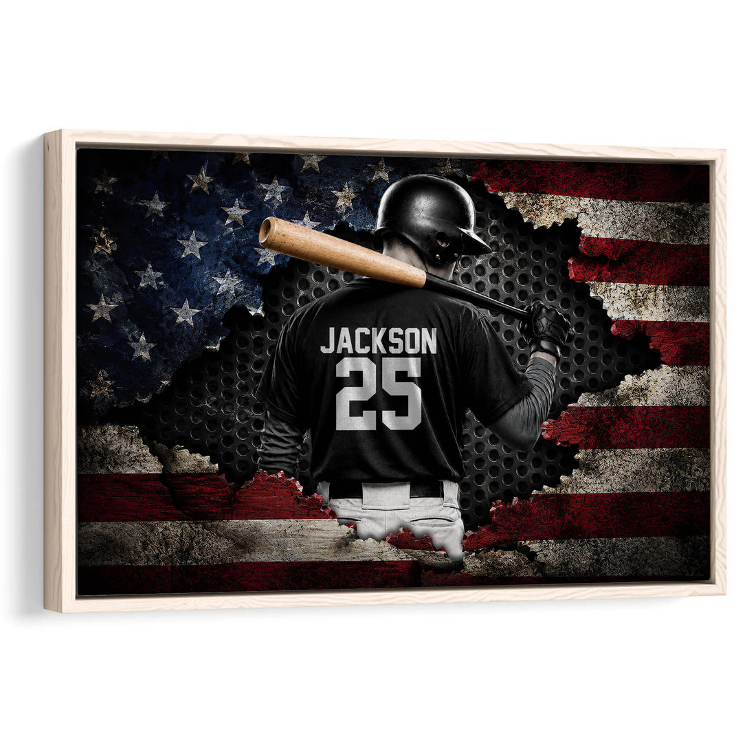 Baseball player wall art with bat against a distressed American flag design in a framed presentation