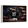 Baseball player wall art with bat against a distressed American flag design in a framed presentation