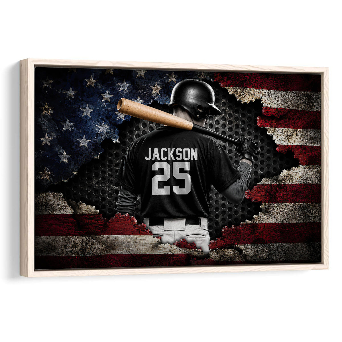 Baseball player wall art with bat against a distressed American flag design in a framed presentation