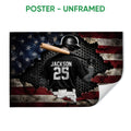 Unframed baseball poster featuring a batter with a bat against a distressed red, white and navy flag design