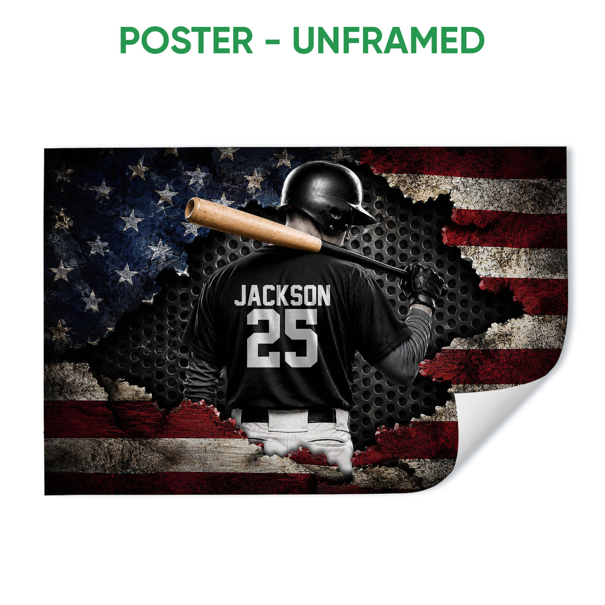 Unframed baseball poster featuring a batter with a bat against a distressed red, white and navy flag design