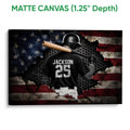 Matte canvas baseball wall art featuring a batter and bat against a distressed flag background
