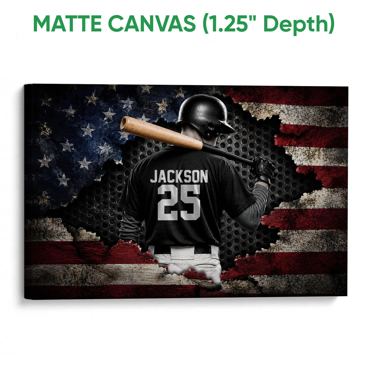 Matte canvas baseball wall art featuring a batter and bat against a distressed flag background