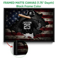 Black framed canvas baseball wall art with a batter and bat in a patriotic distressed design