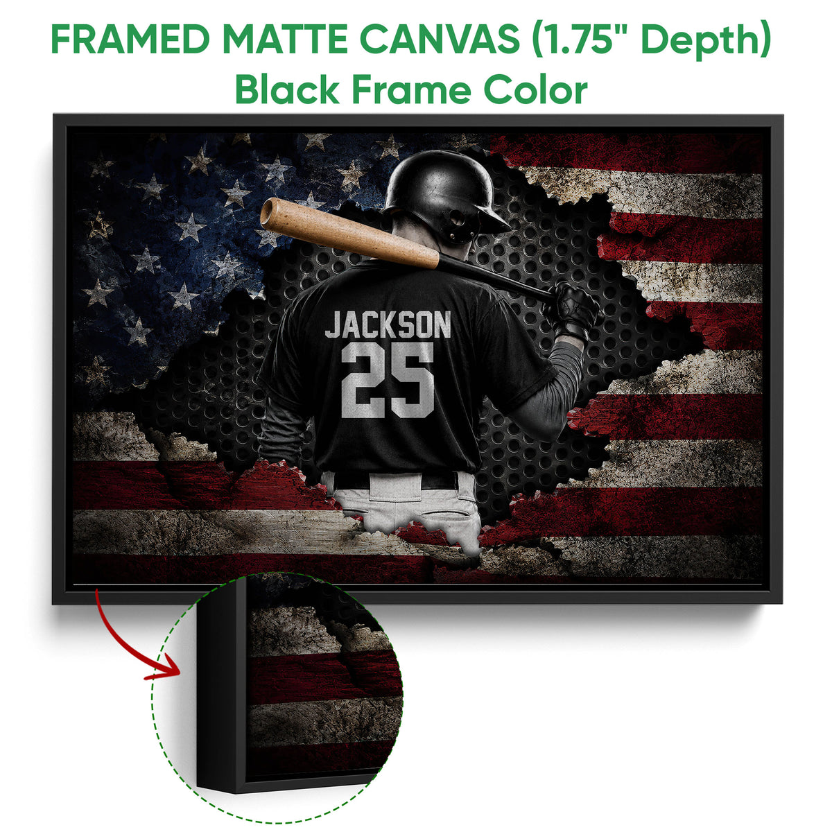 Black framed canvas baseball wall art with a batter and bat in a patriotic distressed design