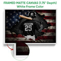 White framed canvas baseball wall art with a batter and bat against a textured flag background