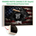 Natural wood framed baseball wall art featuring a batter and bat against a distressed flag design