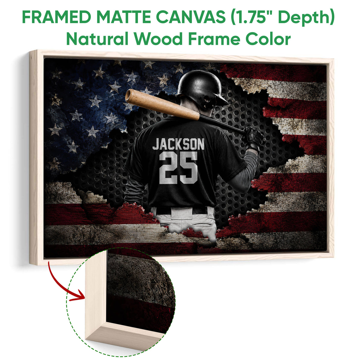 Natural wood framed baseball wall art featuring a batter and bat against a distressed flag design