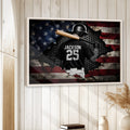 Framed baseball wall art displayed on a light wood paneled wall in a home interior