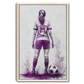 Framed soccer wall art showing a female player from behind with a ball and purple splatter accents