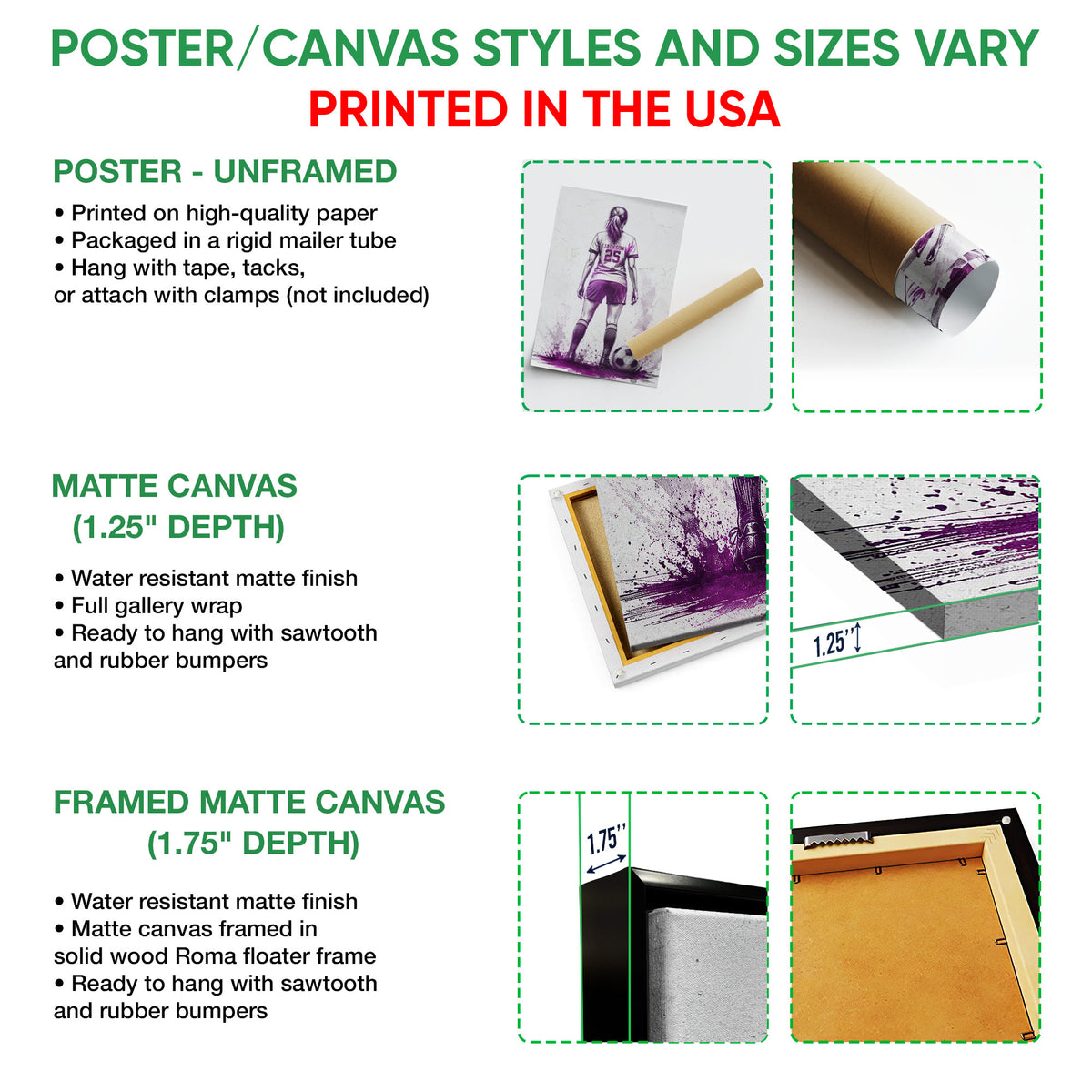 Soccer wall art format guide showing unframed poster, matte canvas, and framed canvas options