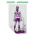 Unframed soccer poster featuring a back-view female player, soccer ball, and purple athletic artwork