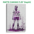 Matte canvas soccer wall art featuring a female player, soccer ball, and purple textured design