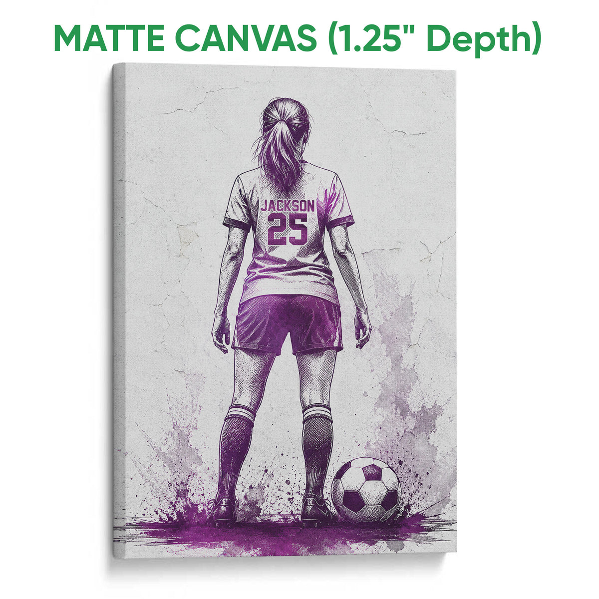 Matte canvas soccer wall art featuring a female player, soccer ball, and purple textured design