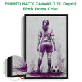 Framed soccer canvas wall art shown with a black frame and close-up of the textured artwork
