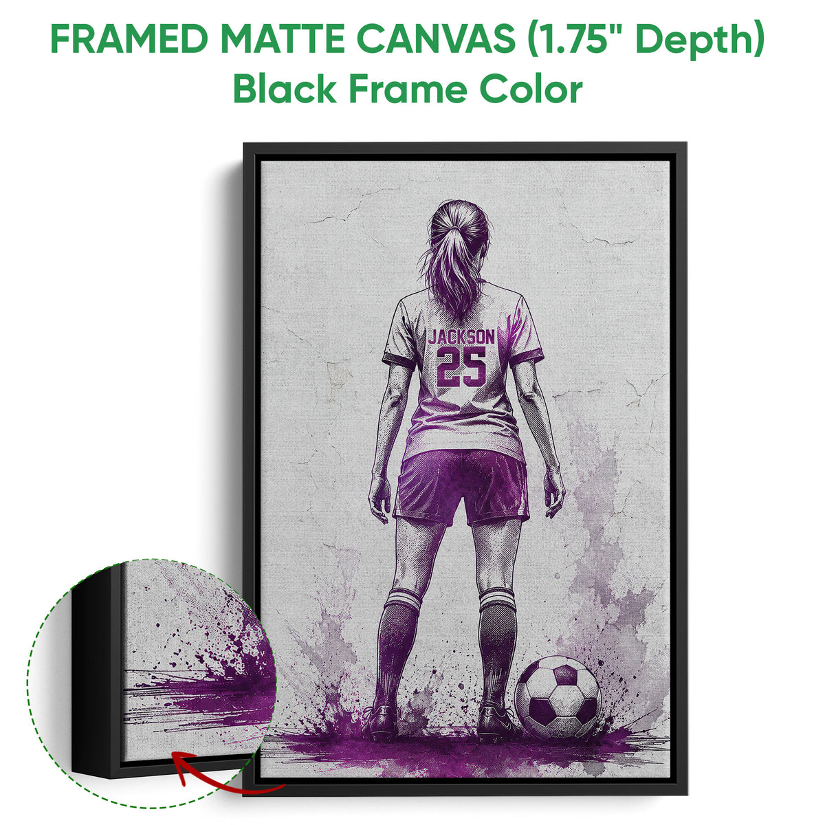 Framed soccer canvas wall art shown with a black frame and close-up of the textured artwork