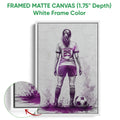 Framed soccer canvas wall art shown with a white frame and close-up of the textured artwork