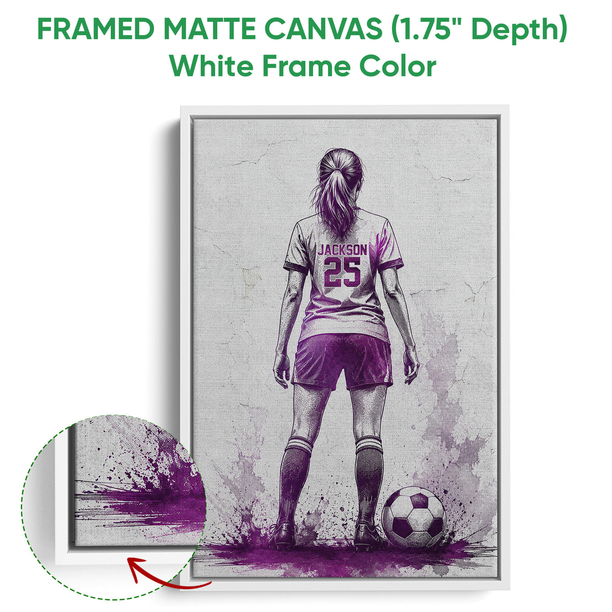 Framed soccer canvas wall art shown with a white frame and close-up of the textured artwork