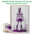 Framed soccer canvas wall art shown with a natural wood frame and detailed edge view