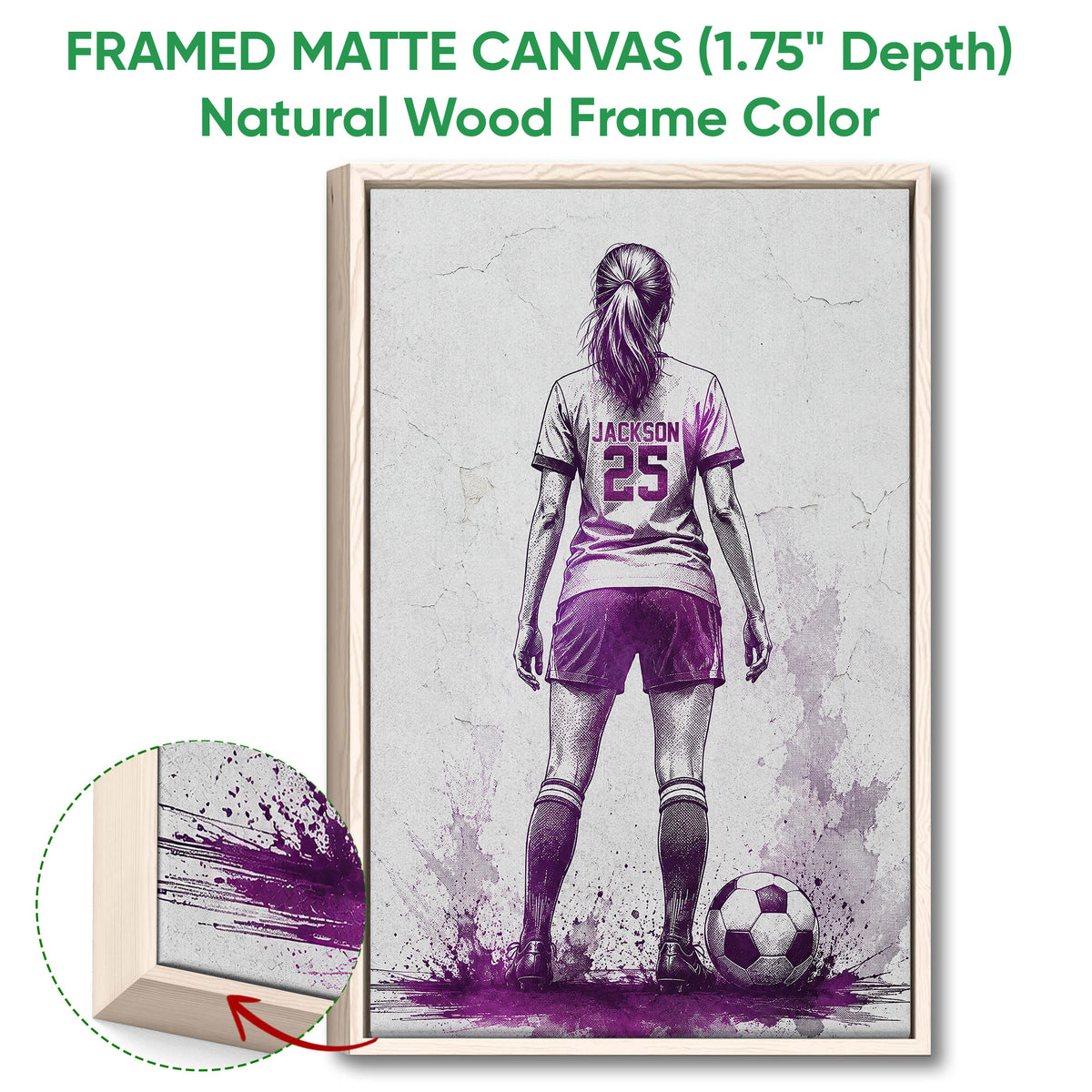 Framed soccer canvas wall art shown with a natural wood frame and detailed edge view