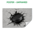 Unframed hockey poster featuring a black puck emerging through a cracked gray surface