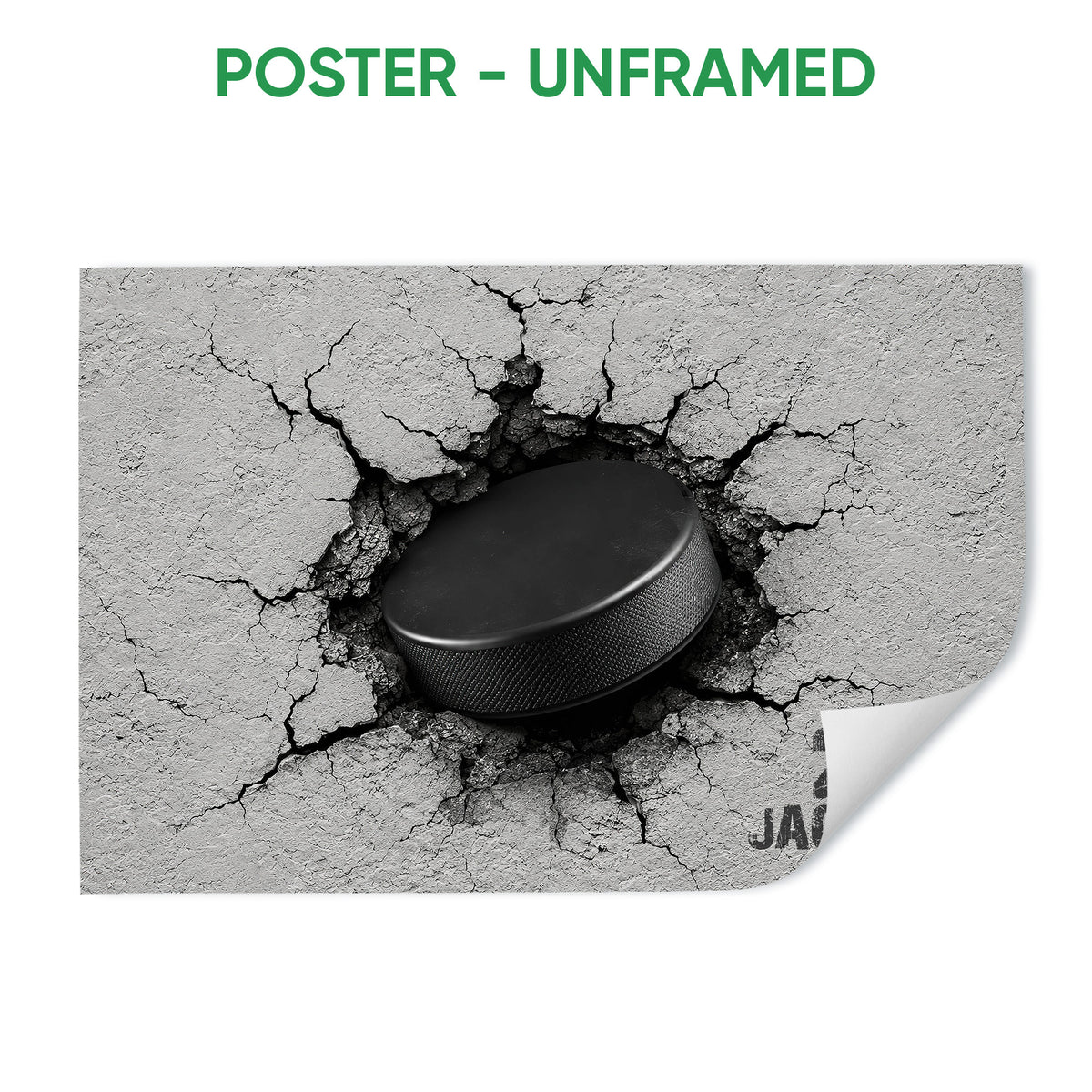 Unframed hockey poster featuring a black puck emerging through a cracked gray surface