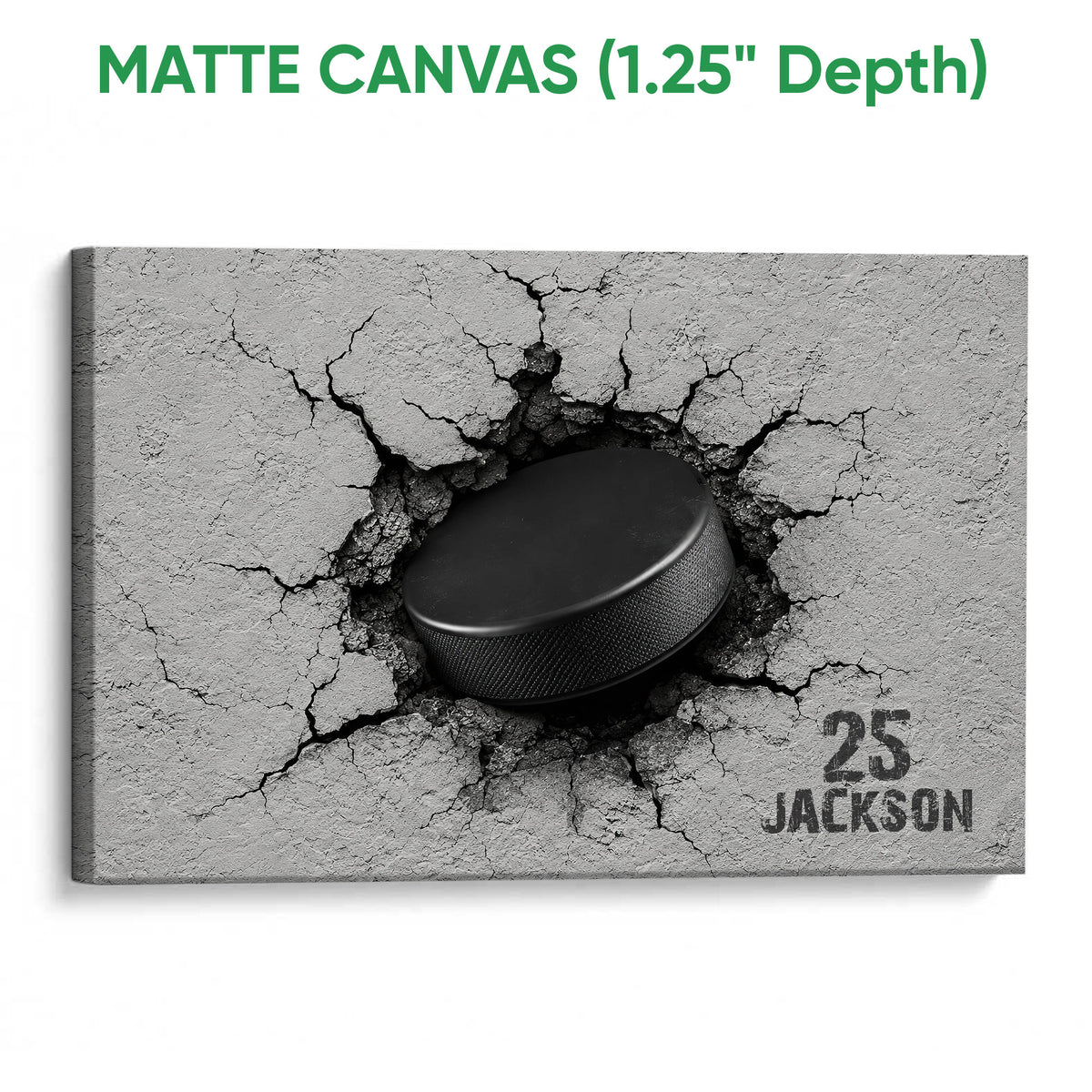 Matte canvas hockey wall art showing a black puck breaking through a cracked surface
