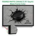 Black framed canvas hockey wall art with a close-up view of the frame and puck design
