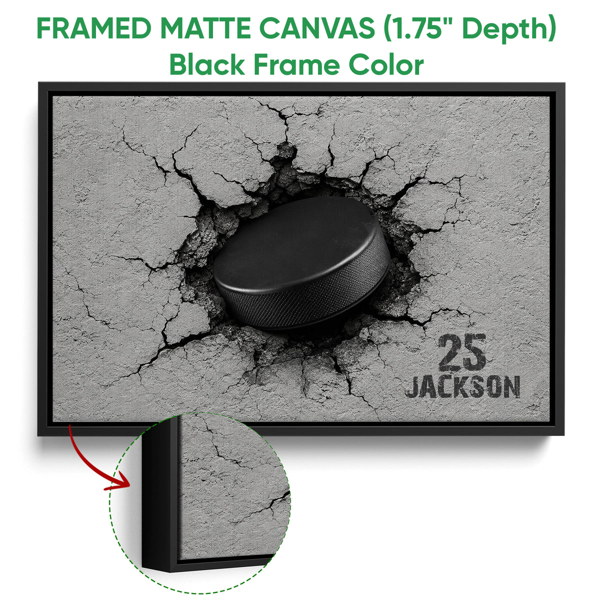 Black framed canvas hockey wall art with a close-up view of the frame and puck design