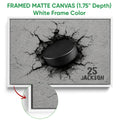 White framed canvas hockey wall art showing the cracked surface and black puck design
