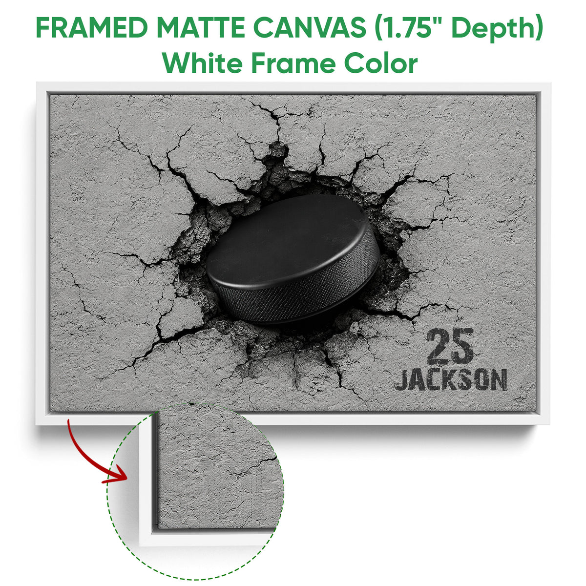 White framed canvas hockey wall art showing the cracked surface and black puck design