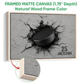 Natural wood framed canvas hockey wall art with a detailed frame and textured puck artwork