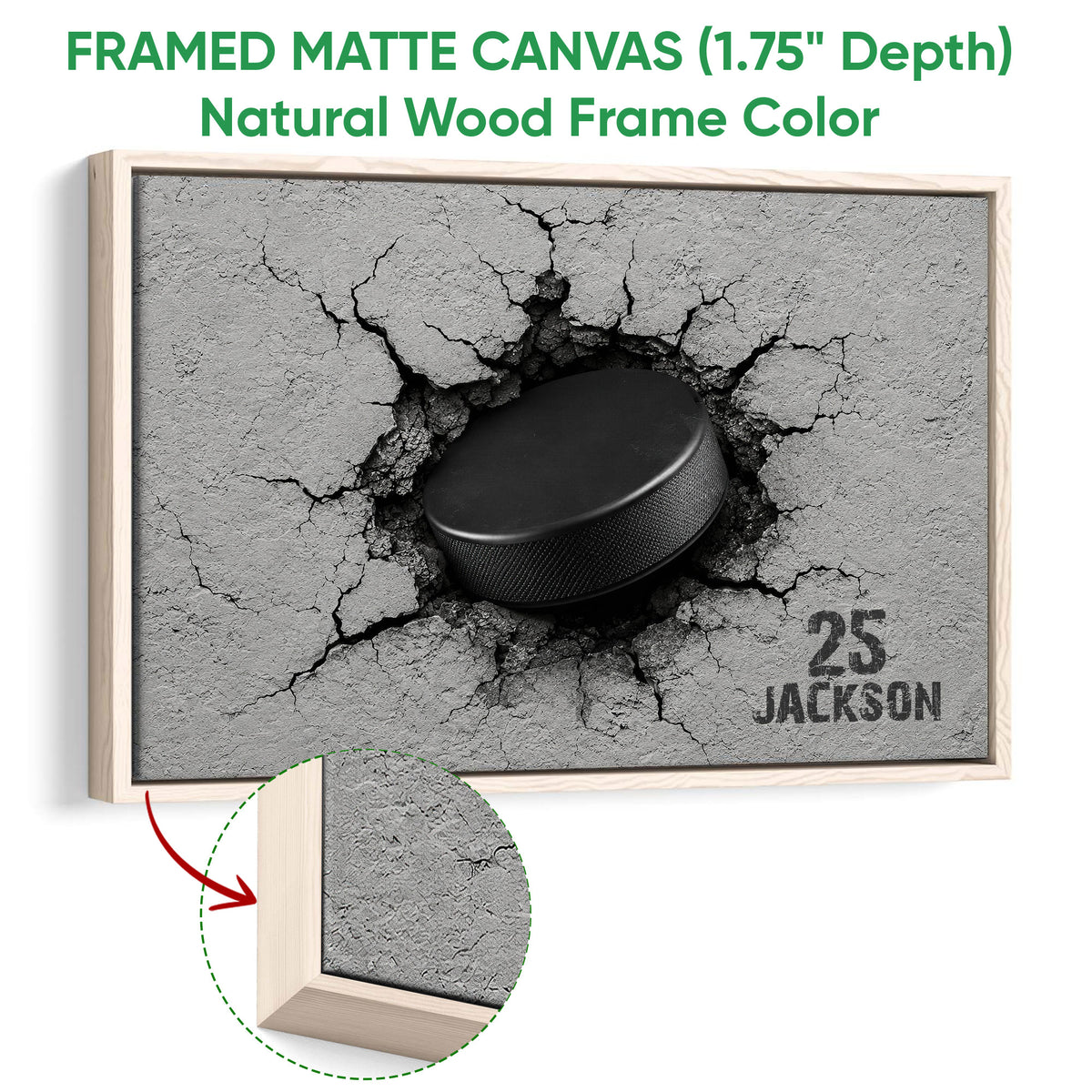 Natural wood framed canvas hockey wall art with a detailed frame and textured puck artwork