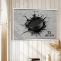 Hockey wall art displayed in a bright wood-paneled room with a natural wood frame