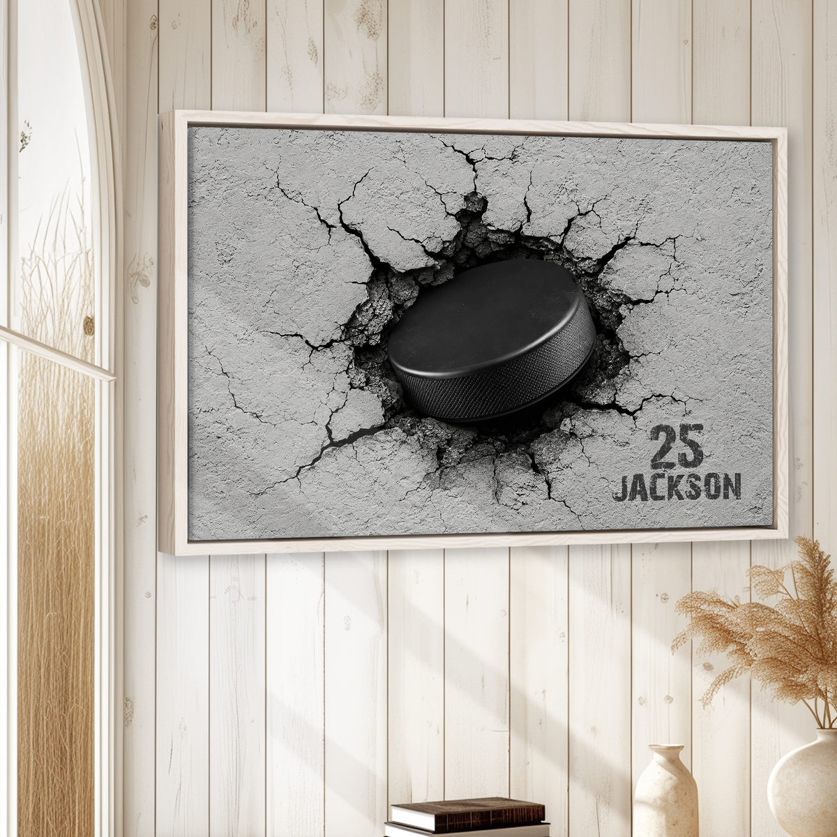 Hockey wall art displayed in a bright wood-paneled room with a natural wood frame