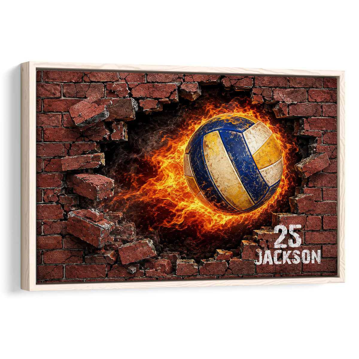Framed volleyball wall art showing a blue and gold ball bursting through a brick wall with flames
