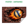Unframed volleyball poster featuring a blue and gold ball surrounded by flames and broken brick