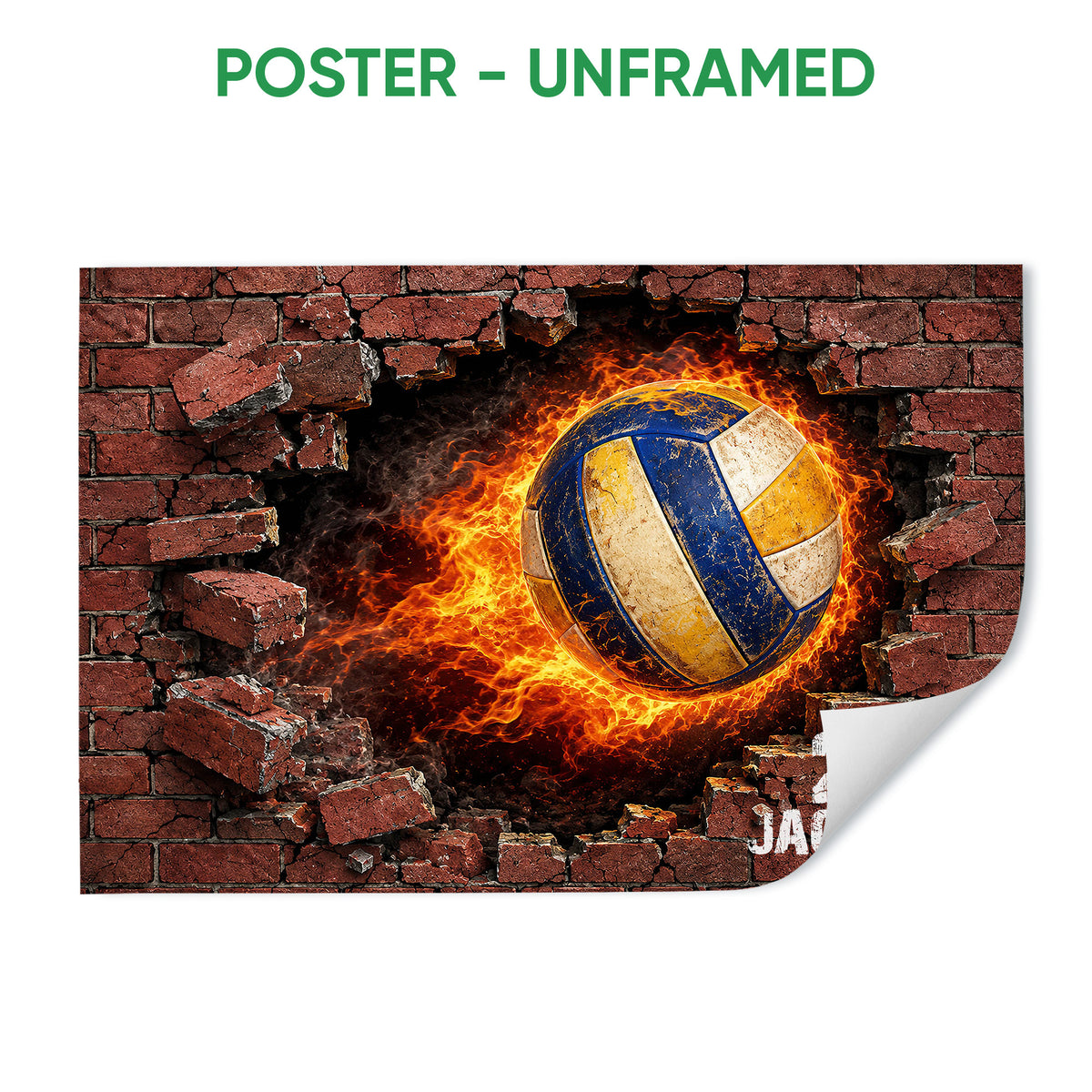 Unframed volleyball poster featuring a blue and gold ball surrounded by flames and broken brick
