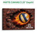 Matte canvas volleyball wall art featuring a fiery ball breaking through a brick wall