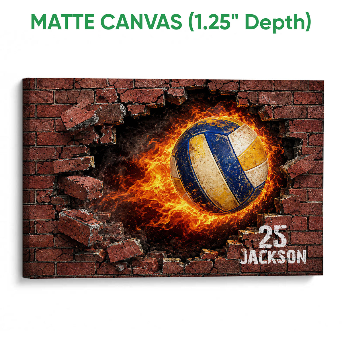 Matte canvas volleyball wall art featuring a fiery ball breaking through a brick wall