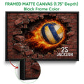 Framed matte canvas volleyball wall art shown with a black frame and close-up frame detail