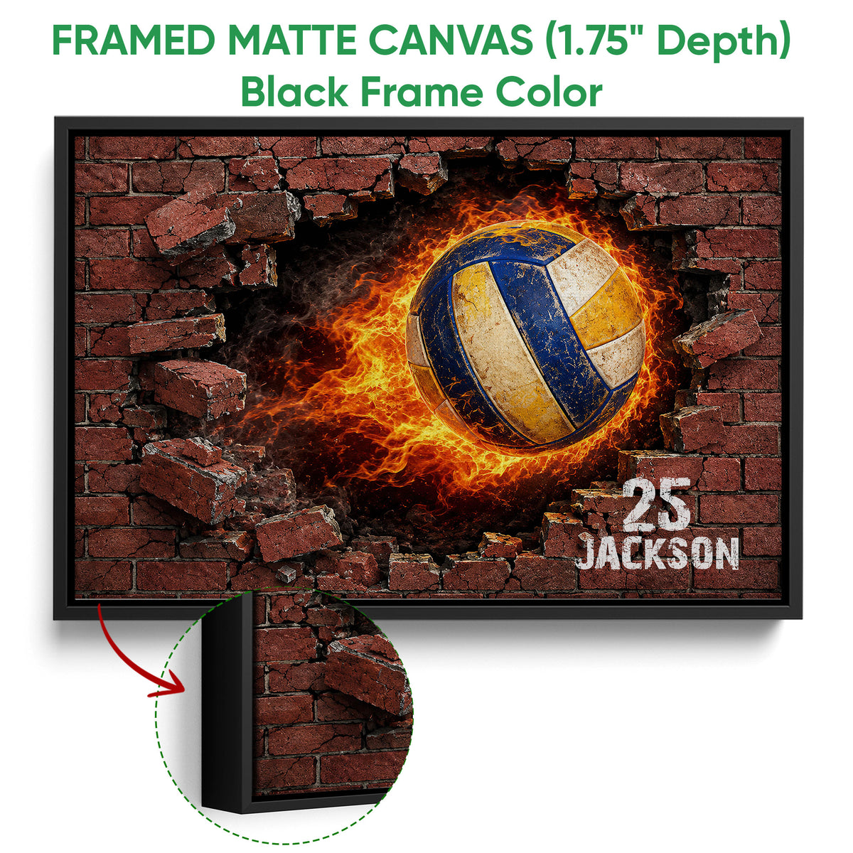 Framed matte canvas volleyball wall art shown with a black frame and close-up frame detail