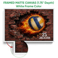 Framed matte canvas volleyball wall art shown with a white frame and close-up frame detail