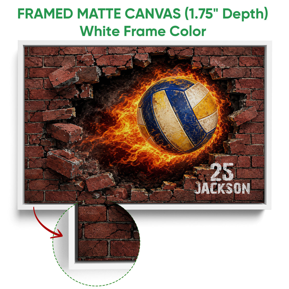 Framed matte canvas volleyball wall art shown with a white frame and close-up frame detail