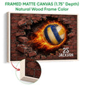 Framed matte canvas volleyball wall art shown with a natural wood frame and close-up detail