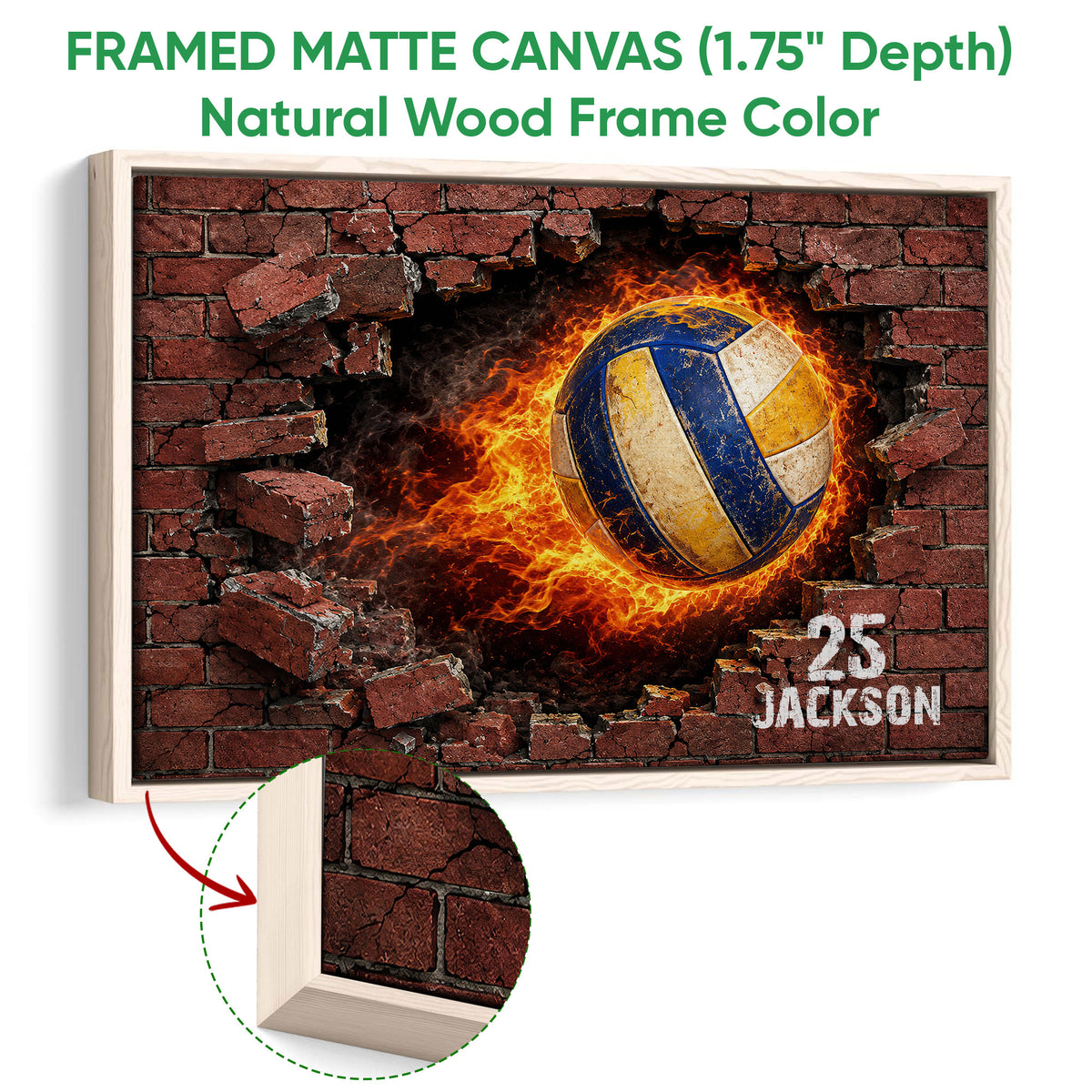 Framed matte canvas volleyball wall art shown with a natural wood frame and close-up detail