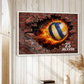 Framed volleyball wall art displayed on a light wood wall in a bright home decor setting
